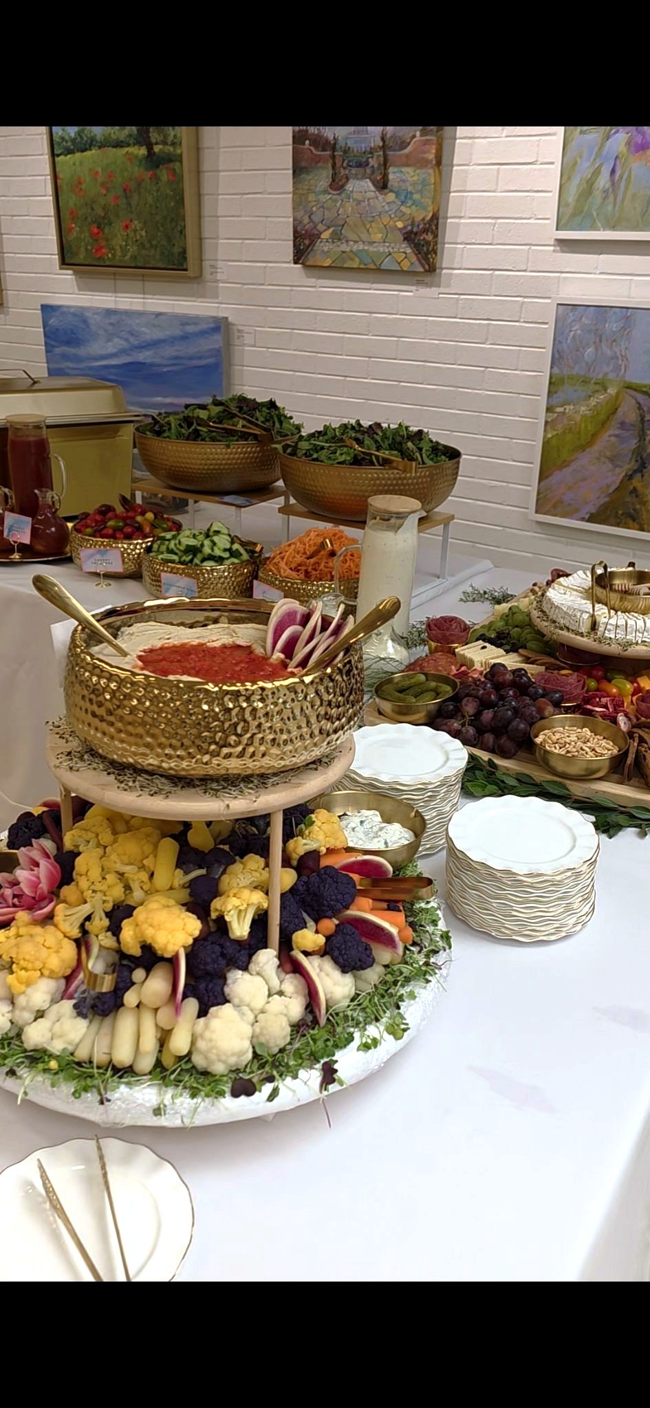 Crudité and grazing display with gold serving bowls by Chef Jean Lorestil