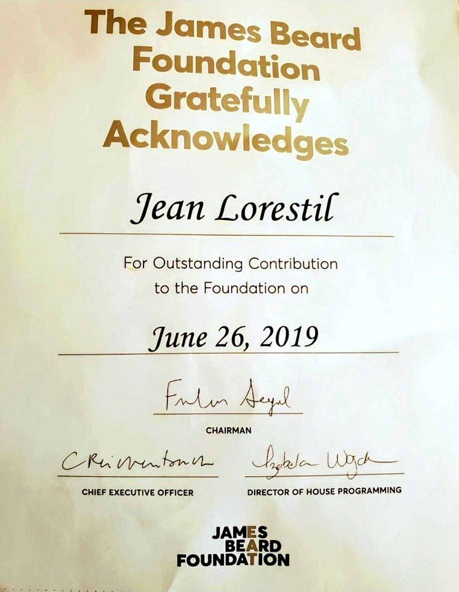 James Beard Foundation certificate acknowledging Jean Lorestil, June 2019